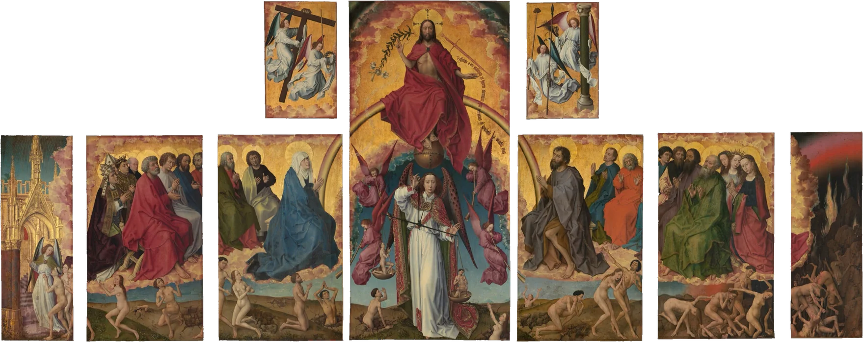 Rogier van der Weyden, Weltgerichtsaltar von Beaune: in der Mitte Christus als Richter über dem Erzengel Michael mit der Seelenwaage, links die Seligen, rechts die Verdammten.