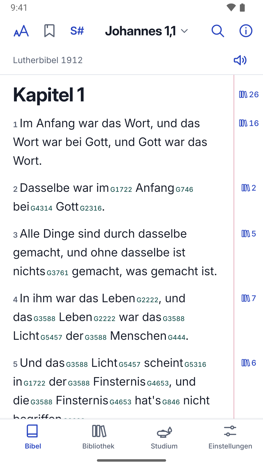 Johannes 1 in der Lutherbibel 1912 mit Strong-Nummern und Buchzeichen in der Randspalte