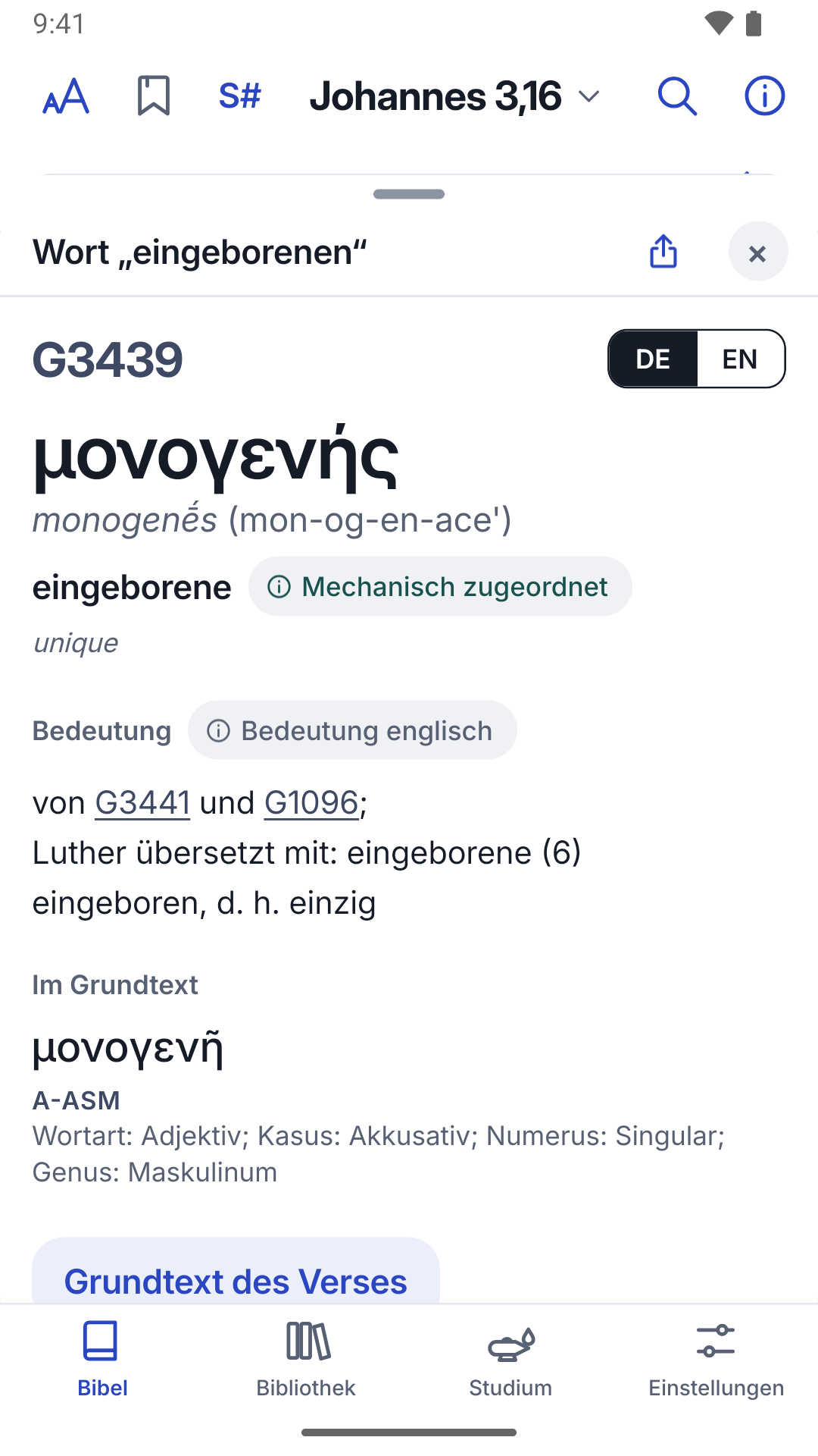 Lexikon zum Wort „eingeborene“ mit dem griechischen Grundwort monogenēs (G3439)